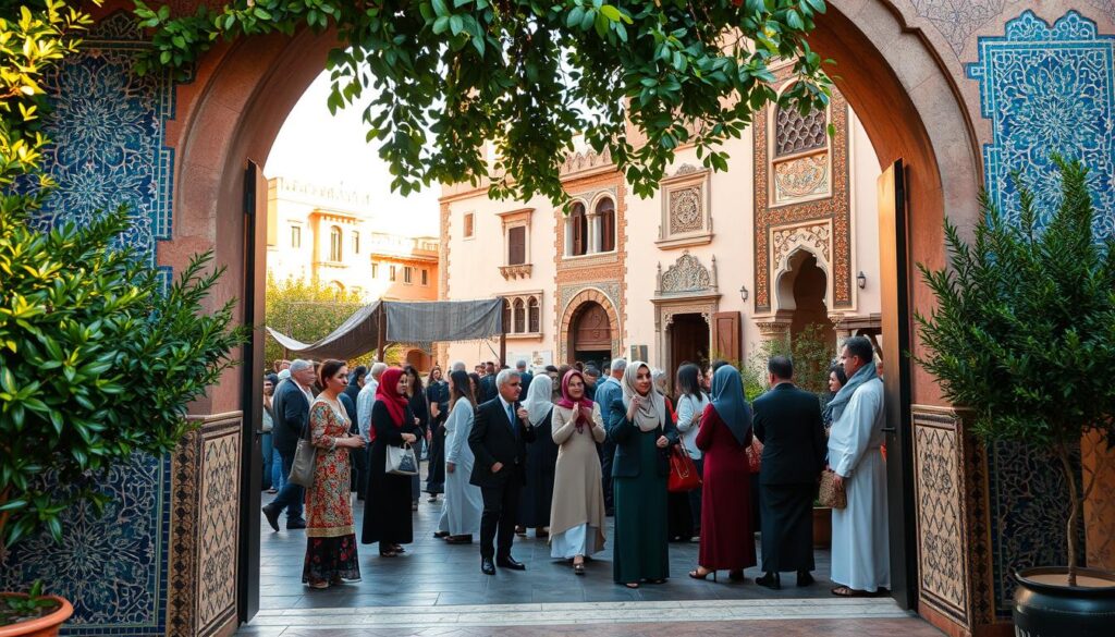 A vibrant scene depicting the Bab Makina venue during the Festival Musica Sacra in Fez, Morocco. In the foreground, intricately designed Moroccan mosaic tiles and lush greenery frame the entrance, inviting visitors to step into the festivities. The middle ground showcases a diverse group of elegantly dressed attendees, wearing modest traditional attire and capturing the essence of the festival, engaging with one another amidst the rich cultural atmosphere. The background reveals the stunning architecture of Fez, with ornate details on historic buildings bathed in warm afternoon sunlight. The overall mood is spiritual and celebratory, filled with a sense of community and artistic expression. Shot with a 35mm lens to ensure depth and clarity, soft natural lighting enhances the realism of the scene, making the rich colors and textures pop.