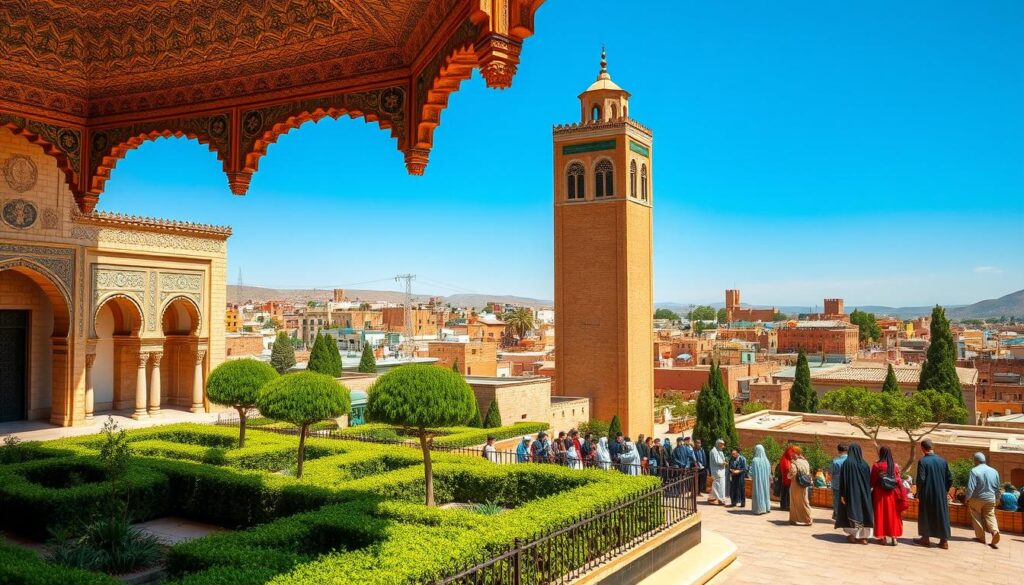 Dettaglio architettonico di un mosaico zellige all'interno della Moschea Al-Qarawiyyin.