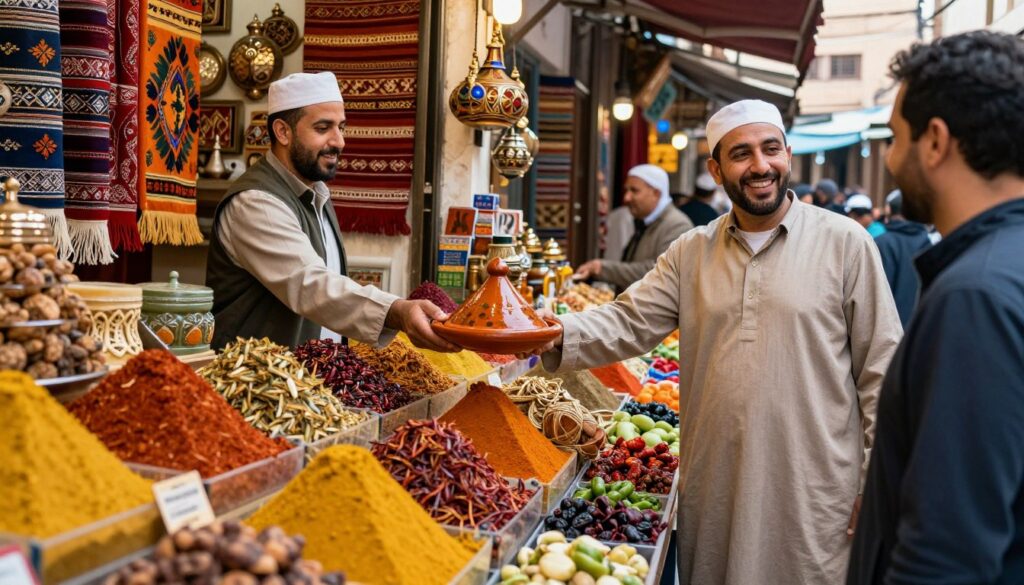 A vibrant scene in the Medina of Casablanca, showcasing a bustling market filled with colorful spices, fresh produce, and traditional Moroccan dishes. In the foreground, a cheerful vendor in modest casual clothing offers a plate of tagine to a happy customer. The middle ground features beautifully arranged stalls with intricate textiles and artisanal crafts, while local residents interact in the background, creating a lively atmosphere. Warm, natural light floods the scene, enhancing the rich textures and colors of the food and crafts. Use a slightly low angle to capture the depth of the market, emphasizing the cultural richness and culinary experiences available. Esperienze culinarie medina Casablanca, mercato vivace, sapori autentici.