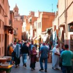 A vibrant scene in the Medina of Fez, Morocco, showcasing a bustling labyrinth of narrow alleyways lined with traditional Moroccan architecture. In the foreground, a local guide, dressed in modest casual clothing, points towards an intricate tile mosaic on a nearby wall, inviting exploration. The middle ground features a mix of local residents and artisans, engaged in their daily activities—selling spices, weaving rugs, or crafting pottery—adding authenticity to the atmosphere. In the background, ancient buildings rise against a clear blue sky, their façades adorned with colorful details. Soft, natural lighting filters through the maze-like streets, casting gentle shadows and enhancing the warm, inviting ambiance of this unique urban labyrinth, evoking a sense of wonder and discovery.