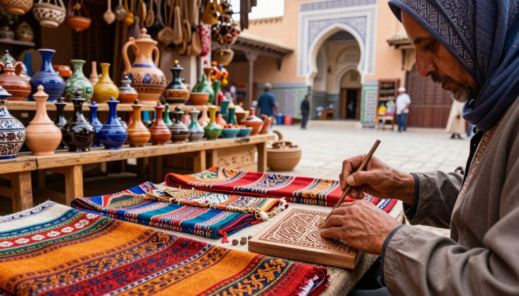 A vibrant scene inside the souks of Meknes, showcasing skilled artisans at work. In the foreground, an artisan meticulously carves intricate designs into a piece of wood, surrounded by beautifully woven fabrics in rich, warm colors. The middle ground features an array of colorful pottery and handcrafted goods displayed on wooden stalls, highlighting the craftsmanship of local artisans. Natural light filters through the open market, casting soft shadows and illuminating the textures of the materials. In the background, traditional Moroccan architecture adds depth, with ornate arches and vibrant tiles. The atmosphere is lively yet serene, capturing the essence of the local culture and artistry. Focused, warm lighting creates an inviting ambiance that draws the viewer into this cultural treasure.