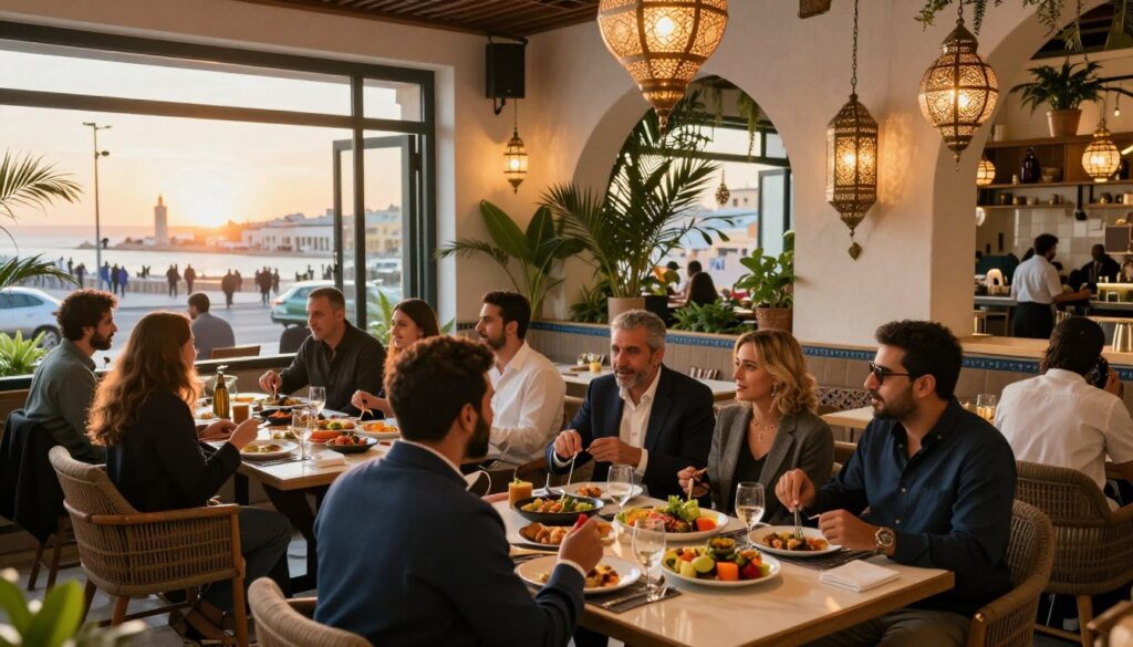 A vibrant scene of a modern restaurant in Casablanca, showcasing a stylish interior with a blend of traditional Moroccan elements and contemporary design. In the foreground, a diverse group of well-dressed diners of various ethnicities engage in lively conversation over colorful dishes. The middle ground highlights intricately designed lanterns casting warm, natural light, accentuating lush greenery and artistic decor. In the background, large windows reveal a glimpse of Casablanca's bustling street, framed by the sun setting, creating a welcoming and lively atmosphere. The composition is captured with a wide-angle lens to encompass the lively ambience, emphasizing the rich cultural experience of dining in Casablanca, with a focus on authenticity and community. Alt text in italiano: Ristorante moderno a Casablanca con clienti.