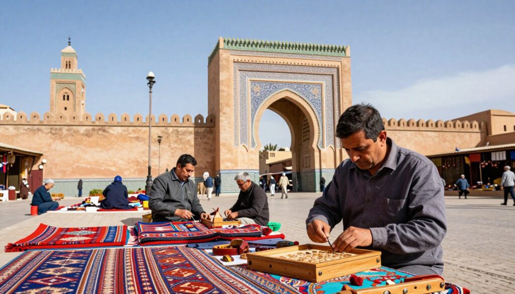 A vibrant scene of the historic architecture of Meknes under natural light, showcasing the grand gates and intricate tilework reminiscent of the era of Moulay Ismail. In the foreground, artisans skillfully crafting wood and textiles in a lively souk, surrounded by rich colors and patterns. The middle ground features the imposing walls and minarets of Meknes, illustrating its heritage. In the background, a sunny sky illuminates the Moroccan landscape, enhancing the atmosphere of history and culture. The image should capture the essence of Moroccan craftsmanship and the storied past of this UNESCO World Heritage site, evoking a sense of pride and tradition. The composition should have a slightly elevated angle, focusing on the artisans’ dedication and the beauty of their surroundings.