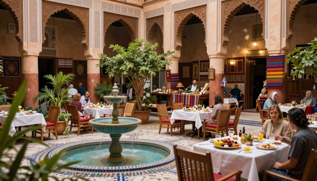 A vibrant scene set in the heart of Meknes, showcasing a traditional riad with intricate artisan woodwork and colorful textiles adorning the walls. In the foreground, a welcoming courtyard filled with lush greenery and decorative fountains invites guests, embodying warmth and hospitality. The middle ground features elegantly arranged tables with local delicacies, enhancing the atmosphere of indulgence and comfort. The background highlights the bustling souk, where artisans display their craftsmanship, illuminated by natural light filtering through the high walls. Capture this with a warm color palette, using a soft focus to create a dreamy, inviting ambiance, evoking the unique charm and character of Meknes lodging options in 2026.