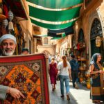 Artigiano marocchino al lavoro mentre incide un vassoio di metallo in un souk di Fez.