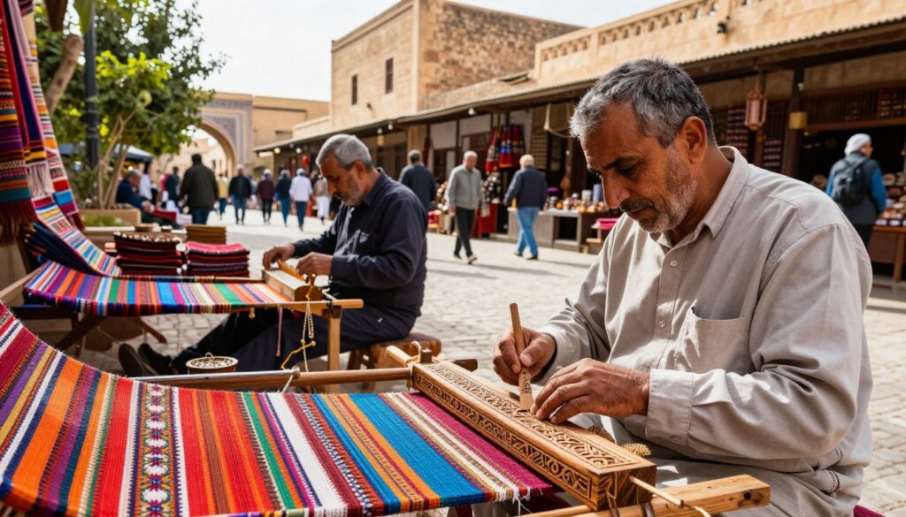 A vibrant street in Meknes, showcasing skilled artisans working on traditional wooden crafts and colorful textiles. In the foreground, a middle-aged artisan meticulously chiseling intricate patterns into a piece of wood, while another artisan in modest attire carefully weaves vibrant fabrics on a loom. The middle ground features a lively market scene, with shoppers admiring handcrafted goods, surrounded by historic Moroccan architecture with ornate details. The background captures the essence of Meknes, with sun-drenched streets, lush plants, and ancient stone buildings, bathed in warm natural light. The atmosphere is bustling yet authentic, encapsulating the impact of artisanal craftsmanship on the local tourism scene. Use a wide-angle lens to capture the depth and vibrancy of the scene, with soft shadows enhancing the textures of the crafts.