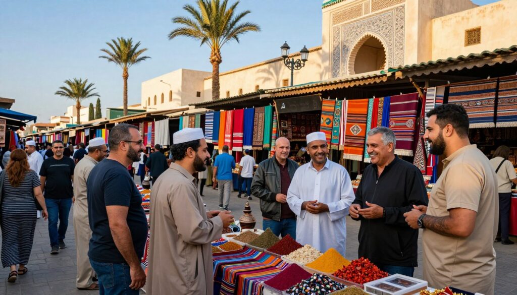 A vibrant street scene in Casablanca during the day, depicting a bustling outdoor market filled with colorful textiles, spices, and traditional Moroccan goods. In the foreground, a diverse group of travelers—dressed in modest casual clothing—smiles and interacts with local vendors, sharing tips and advice. The middle ground showcases a lively crowd, blending people of various backgrounds, creating an atmosphere of cultural exchange. The background features ornate Moroccan architecture with intricate tile work and palm trees swaying gently in the breeze under bright blue skies. The lighting is warm and natural, casting soft shadows, capturing the lively yet inviting mood of the city. ALT text in italiano: Viaggiatori e mercati vivaci a Casablanca.
