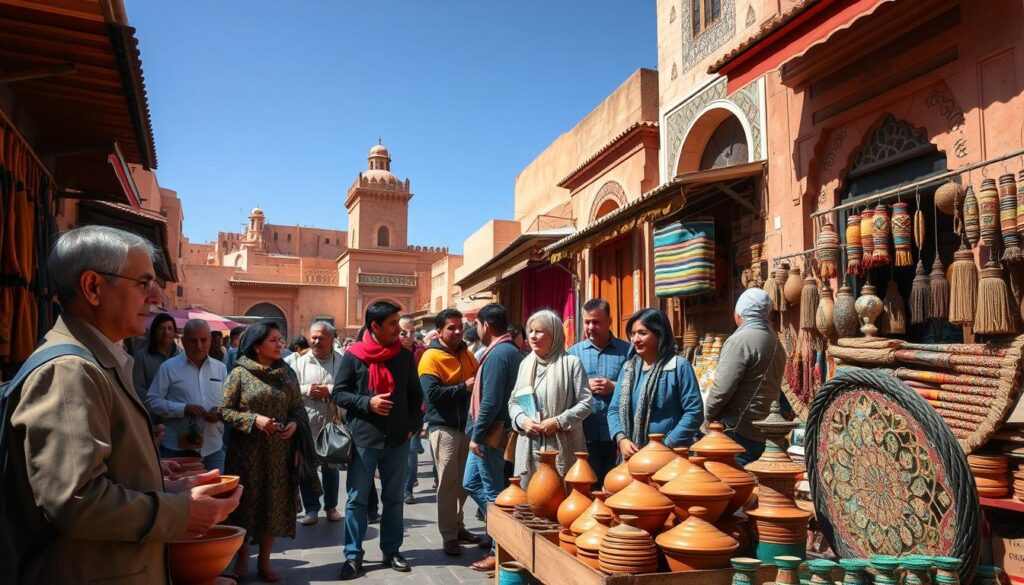 A vibrant street scene in Fez, Morocco, showcasing a bustling local market filled with colorful spices and traditional crafts. In the foreground, a vendor dressed in modest, professional attire offers intricate pottery to a diverse group of people engaged in conversation, all expressing curiosity and interest. The middle ground features stalls draped with rich fabrics and handmade goods, hinting at the craftsmanship of the region. In the background, the iconic architecture of ancient buildings with intricate tilework creates a stunning contrast against a clear blue sky. The mood is lively and inviting, captured in warm, natural lighting as if it's a late afternoon. The image should have a shallow depth of field to emphasize the interactions in the foreground while softly blurring the busy market scene behind. A vibrant street scene in Fez, Morocco, showcasing a bustling local market filled with colorful spices and traditional crafts. In the foreground, a vendor dressed in modest, professional attire offers intricate pottery to a diverse group of people engaged in conversation, all expressing curiosity and interest. The middle ground features stalls draped with rich fabrics and handmade goods, hinting at the craftsmanship of the region. In the background, the iconic architecture of ancient buildings with intricate tilework creates a stunning contrast against a clear blue sky. The mood is lively and inviting, captured in warm, natural lighting as if it's a late afternoon. The image should have a shallow depth of field to emphasize the interactions in the foreground while softly blurring the busy market scene behind.