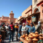 Tour da Fez: Le Migliori Escursioni e Gite 2026 2 A vibrant street scene in Fez, Morocco, showcasing a bustling local market filled with colorful spices and traditional crafts. In the foreground, a vendor dressed in modest, professional attire offers intricate pottery to a diverse group of people engaged in conversation, all expressing curiosity and interest. The middle ground features stalls draped with rich fabrics and handmade goods, hinting at the craftsmanship of the region. In the background, the iconic architecture of ancient buildings with intricate tilework creates a stunning contrast against a clear blue sky. The mood is lively and inviting, captured in warm, natural lighting as if it's a late afternoon. The image should have a shallow depth of field to emphasize the interactions in the foreground while softly blurring the busy market scene behind.