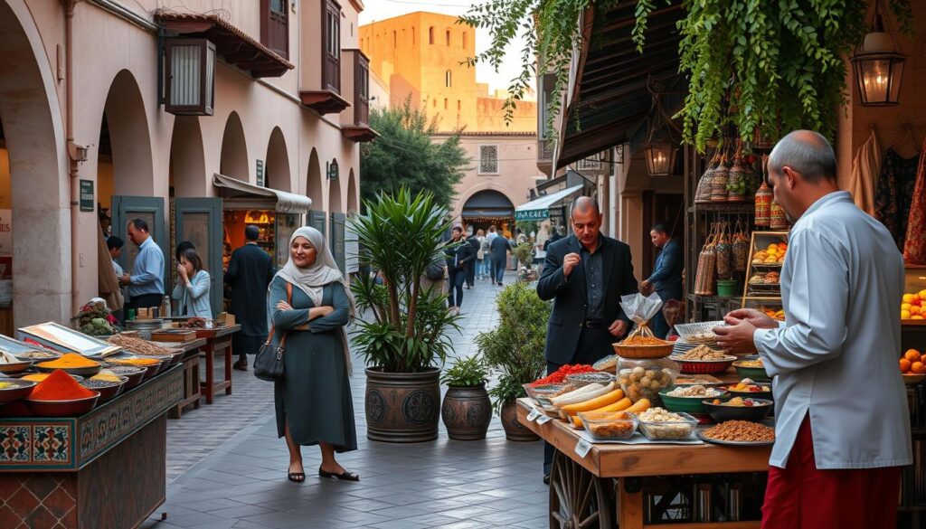 A vibrant street scene in Fez, Morocco, showcasing a local market bustling with activity. In the foreground, a Moroccan vendor proudly displays an array of colorful spices, fruits, and traditional dishes on a wooden cart. A couple of visitors, dressed in modest casual attire, engage with the vendor, sampling the food and appreciating the culture. The middle ground features Moroccan tilework and lush plants, framing the scene, while traditional market stalls create a lively atmosphere. In the background, the iconic architecture of Fez’s medina rises under soft, golden lighting at sunset, casting warm shadows. The image conveys a sense of cultural immersion and culinary adventure, highlighting the rich flavors of Fassi cuisine in a realistic, non-touristic style.
