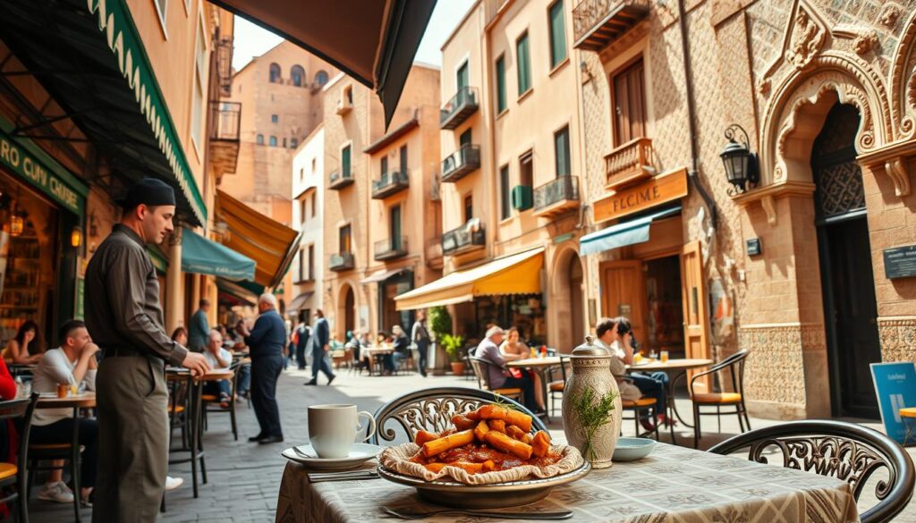 Dove Mangiare Fez A vibrant street scene in Fez, Morocco, showcasing traditional restaurants set against the backdrop of ornate, tile-adorned buildings. In the foreground, a beautifully set outdoor table with Moroccan tagine and fresh mint tea, attended by a waiter in modest casual clothing, serving diners. The middle ground features a variety of colorful awnings over rustic eateries, with patrons enjoying their meals, creating a lively atmosphere. The background reveals a glimpse of the intricate architecture typical of the old city, with narrow cobblestone streets winding through the area. Warm, golden afternoon light casts soft shadows, enhancing the inviting and authentic feel of the traditional dining experience in this historic neighborhood. Capture this moment from a slightly elevated angle to encompass the bustling vibe and rich cultural tapestry of Fez.