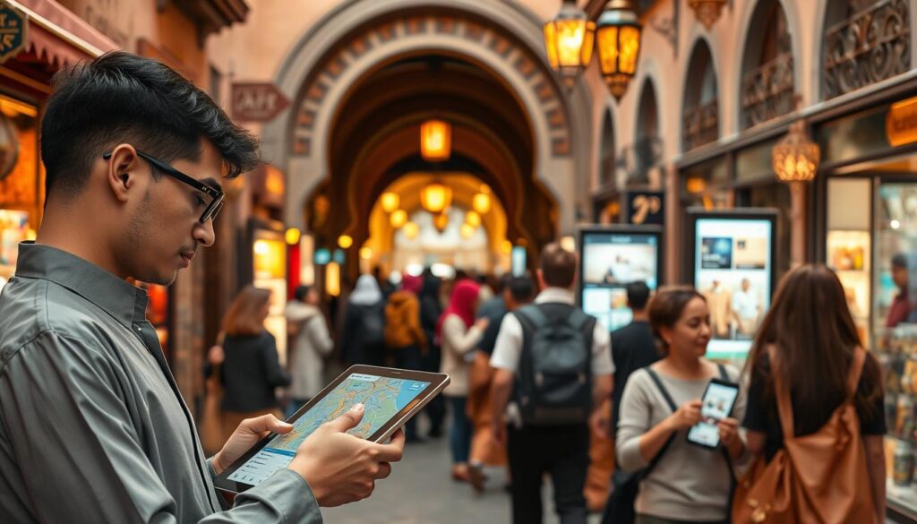 Una vivace scena di strada nel cuore di Fez, Marocco, che mostra strumenti digitali per itinerari personalizzati. In primo piano, un giovane professionista studia un tablet con app di mappe, circondato da botteghe artigiane tradizionali. Nel piano intermedio, viaggiatori interagiscono con schermi che mostrano attrazioni locali, mentre un arco ornato rivela l'architettura storica della Medina. Lo sfondo cattura la vita delle strade con lanterne marocchine che brillano nella luce del tardo pomeriggio, creando un'atmosfera accogliente che fonde tecnologia moderna ed eredità culturale.