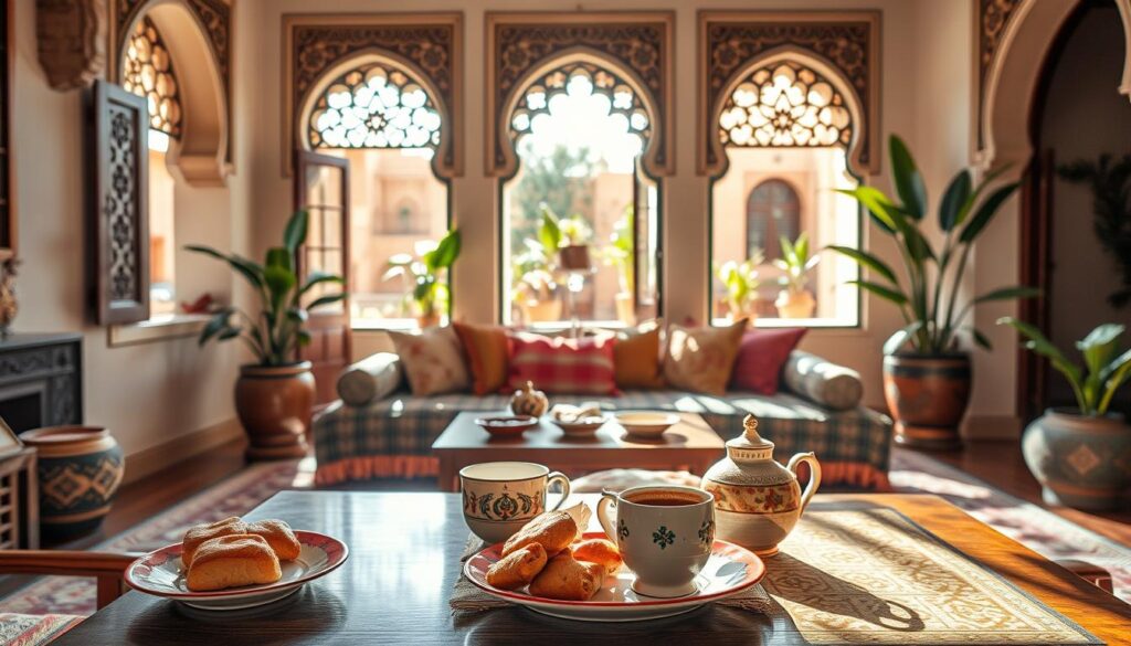 A warm, inviting scene in Fez, Morocco, showcasing a cozy living space in a traditional riad. In the foreground, a beautifully arranged table with local Moroccan pastries, mint tea, and vibrant ceramics. The middle ground features a plush seating area adorned with rich textiles, colorful cushions, and intricate wooden details. Soft, natural light filters in through intricately designed windows, casting gentle shadows, creating an atmosphere of tranquility and warmth. In the background, glimpses of the riad's traditional architecture reveal charming arched doorways and potted plants that bring a touch of nature indoors. The overall mood should feel serene and culturally rich, capturing the essence of a perfect stay in Fez.
