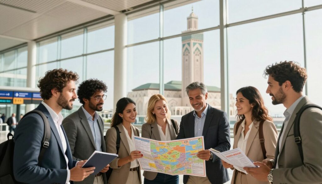 A well-organized travel planning scene for a trip to Casablanca. In the foreground, a cheerful, diverse group of travelers in professional business attire, enthusiastically discussing their itinerary while reviewing a detailed map and travel guide. The middle ground features a modern airport terminal with large glass windows, displaying the hustle and bustle of arrivals and departures. The background shows iconic Casablanca architecture, like the Hassan II Mosque, under bright, natural sunlight, creating a warm and inviting atmosphere. The overall mood is relaxed and optimistic, capturing the essence of stress-free travel preparation. Shot with a wide-angle lens to emphasize depth and detail. ALT text: Pianificazione viaggio a Casablanca con persone autentiche.