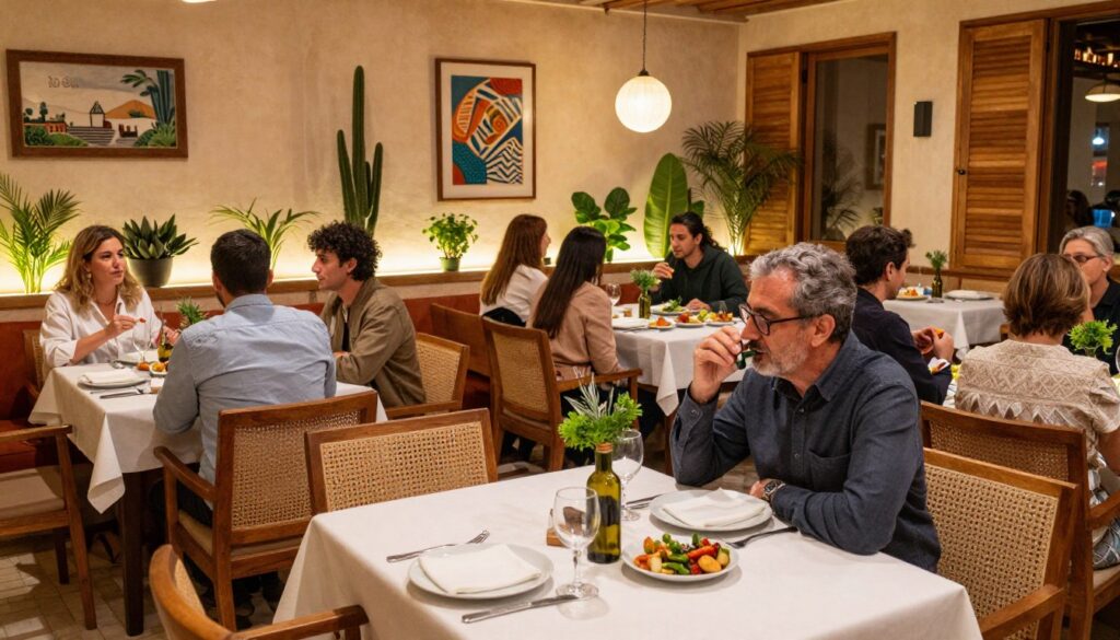 An intimate atmosphere at H Duo restaurant in Casablanca, featuring elegant wooden furnishings and soft ambient lighting that highlights a Mediterranean-inspired decor. In the foreground, a beautifully set dining table with fine dinnerware and a centerpiece of fresh herbs and olive oil. In the middle, diverse diners in modest casual clothing engage in lively conversations, enjoying dishes that showcase modern interpretations of traditional Mediterranean cuisine. The background reveals a warm ambiance with carefully placed plants and artistic wall decor, creating a cozy yet sophisticated environment. The lighting is soft and natural, emulating a late afternoon glow. Shot with a wide-angle lens to capture the bustling energy of the restaurant while maintaining a welcoming atmosphere. Atmosfera intima al ristorante H Duo a Casablanca.
