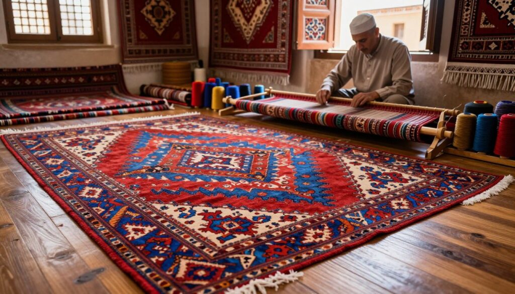 An intricately designed traditional Moroccan carpet, showcasing vibrant colors and detailed geometric patterns, placed elegantly on a rich wooden floor in a historic artisan workshop in Meknes. In the foreground, the carpet’s texture is highlighted, with delicate fibers catching soft natural light. The middle ground features skilled artisans wearing modest, professional attire, thoughtfully weaving and crafting textiles, surrounded by colorful threads and tools that reflect local craftsmanship. In the background, traditional Moroccan architecture with ornate details adds to the authentic atmosphere, bathed in warm sunlight filtering through open windows. The overall mood conveys the artistry and cultural heritage of Meknes, emphasizing the craftsmanship of textiles and carpets.