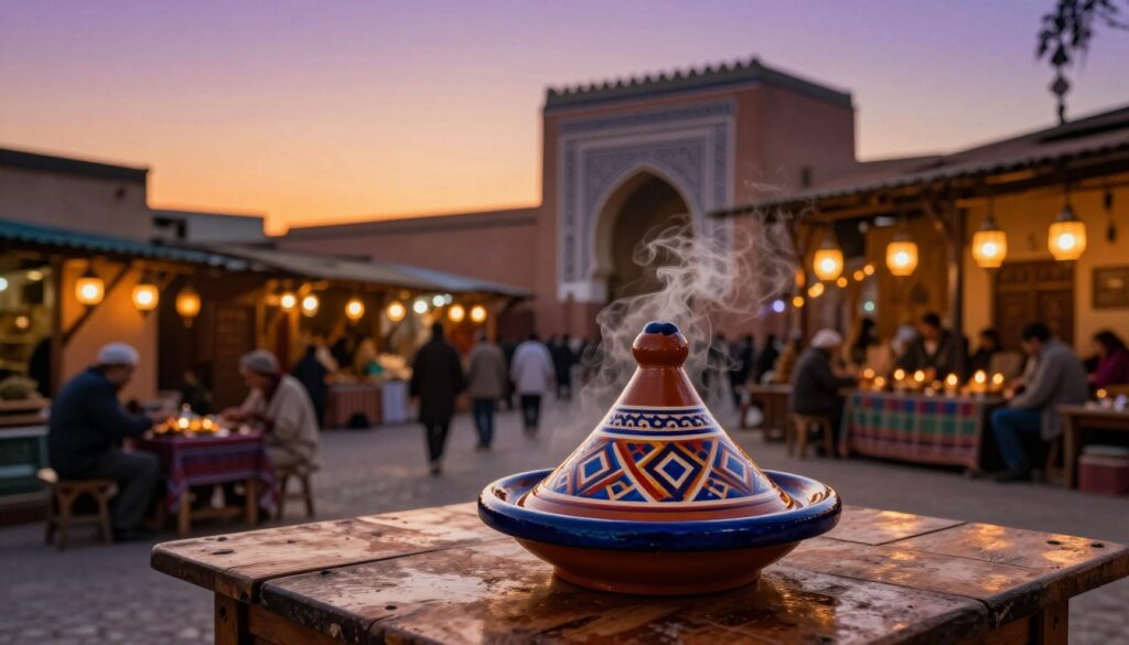 Capture a beautiful sunset in Meknes, highlighting a traditional Moroccan tajine set on a rustic wooden table in the foreground. The tajine, adorned with intricate geometric patterns and vibrant colors, releases aromatic steam, inviting viewers to savor the rich culinary experience. In the middle ground, showcase the bustling ambiance of a medina, featuring artisans crafting their goods, surrounded by the warm glow of lanterns and a lively marketplace. In the background, reveal the silhouette of historic Moroccan architecture, with elegant arches and intricate designs against a fading orange and purple sky. Use natural lighting to evoke a warm, inviting atmosphere, with soft focus around the tajine to emphasize its gastronomic allure. The scene should suggest a sense of connection to local culture and culinary secrets, creating an enticing invitation for readers.