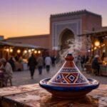 Capture a beautiful sunset in Meknes, highlighting a traditional Moroccan tajine set on a rustic wooden table in the foreground. The tajine, adorned with intricate geometric patterns and vibrant colors, releases aromatic steam, inviting viewers to savor the rich culinary experience. In the middle ground, showcase the bustling ambiance of a medina, featuring artisans crafting their goods, surrounded by the warm glow of lanterns and a lively marketplace. In the background, reveal the silhouette of historic Moroccan architecture, with elegant arches and intricate designs against a fading orange and purple sky. Use natural lighting to evoke a warm, inviting atmosphere, with soft focus around the tajine to emphasize its gastronomic allure. The scene should suggest a sense of connection to local culture and culinary secrets, creating an enticing invitation for readers.