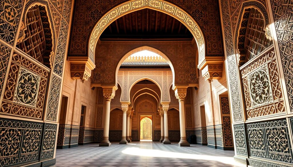 Decorazioni in stucco della Madrasa Bou Inania, showcasing intricate geometric patterns and delicate floral motifs that adorn the walls and arches. The foreground captures the richly textured stucco craftsmanship, highlighting the ornate details and precision of Marinid artistry. In the middle ground, focus on the stunning archways and columns that frame the courtyard, bathed in warm, natural sunlight filtering through. In the background, faint silhouettes of the traditional Moroccan architectural elements add depth, with soft shadows enhancing the contours of the area. The mood is serene and reverent, embodying the historical significance of this architectural masterpiece, shot with a wide-angle lens to emphasize the grandeur and harmony of the space.