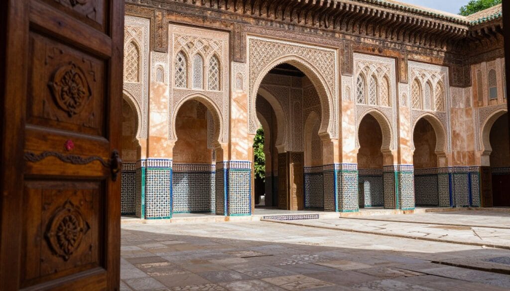 Detailed architectural walls of Heri es-Souani, showcasing the intricate craftsmanship of artisans. In the foreground, rich textures of wood and fabric reflect traditional Moroccan design elements. The middle ground features the iconic arched doorways and decorative tilework, with sunlight filtering through, creating dappled shadows on the aged stone. The background includes a hint of the surrounding greenery, enhancing the serene atmosphere. Capture the warmth of natural light, highlighting the vibrant colors and details. Use a wide-angle lens to encompass the grandeur of the site, focusing on the symmetry and depth of the architectural features. The mood is inviting and historic, embodying the rich heritage of Meknes. Detailed architectural walls of Heri es-Souani, showcasing the intricate craftsmanship of artisans. In the foreground, rich textures of wood and fabric reflect traditional Moroccan design elements. The middle ground features the iconic arched doorways and decorative tilework, with sunlight filtering through, creating dappled shadows on the aged stone. The background includes a hint of the surrounding greenery, enhancing the serene atmosphere. Capture the warmth of natural light, highlighting the vibrant colors and details. Use a wide-angle lens to encompass the grandeur of the site, focusing on the symmetry and depth of the architectural features. The mood is inviting and historic, embodying the rich heritage of Meknes.