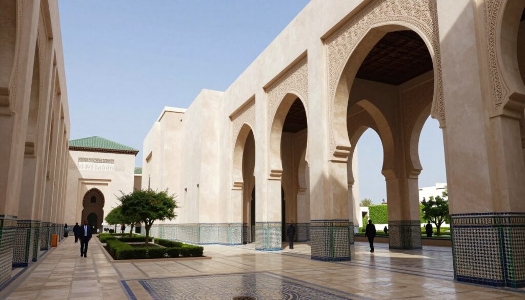 Lush architectural elegance of the new Medina in Casablanca, featuring sleek, elongated arches and monumental porticos. The foreground showcases intricate tile work and organic patterns, with people in professional attire walking along the porticoed pathways. In the middle ground, elegant buildings rise with harmonious lines, partially illuminated by soft, natural daylight pouring through expansive archways. The background reveals vibrant greenery and clear blue skies, enhancing the serene atmosphere. The composition is captured at a slightly elevated angle, emphasizing the grandeur of the structures while creating an inviting, immersive perspective. Alt text: Architettura elegante della Nuova Medina a Casablanca.