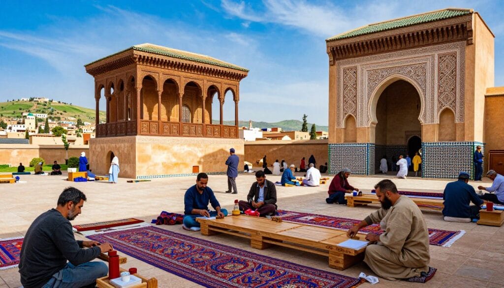 Moulay Isma'il overseeing the transformation of Meknes into a majestic capital, set in the historic context of the Heri es-Souani. The foreground features skilled artisans working with wood and textiles, capturing the essence of Morocco's vibrant crafts. In the middle ground, grand architectural elements such as the impressive granaries rise, bathed in warm, natural light that illuminates intricate carvings and vibrant colors. The background presents a panoramic view of Meknes, with rolling hills under a bright blue sky. The atmosphere is lively yet serene, evoking a sense of historical significance and cultural richness. Capture this scene with a slightly elevated angle, emphasizing depth and perspective to create a captivating visual narrative of this pivotal moment in history. Moulay Isma'il overseeing the transformation of Meknes into a majestic capital, set in the historic context of the Heri es-Souani. The foreground features skilled artisans working with wood and textiles, capturing the essence of Morocco's vibrant crafts. In the middle ground, grand architectural elements such as the impressive granaries rise, bathed in warm, natural light that illuminates intricate carvings and vibrant colors. The background presents a panoramic view of Meknes, with rolling hills under a bright blue sky. The atmosphere is lively yet serene, evoking a sense of historical significance and cultural richness. Capture this scene with a slightly elevated angle, emphasizing depth and perspective to create a captivating visual narrative of this pivotal moment in history.