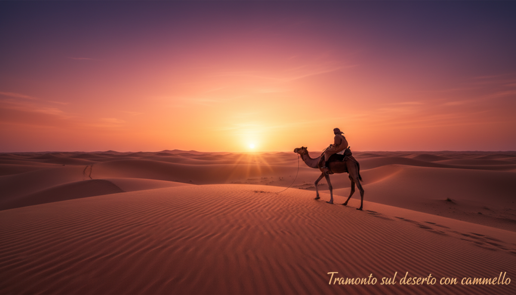 Tramonto sulle dune del deserto a dorso di cammello