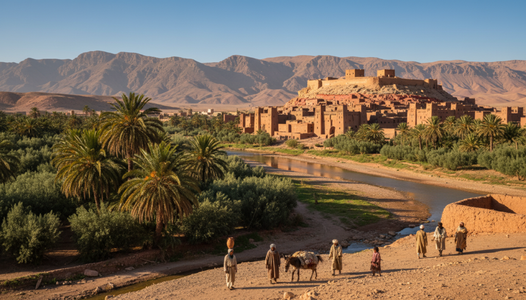 Vista panoramica della kasbah di Ait Ben Haddou e delle montagne