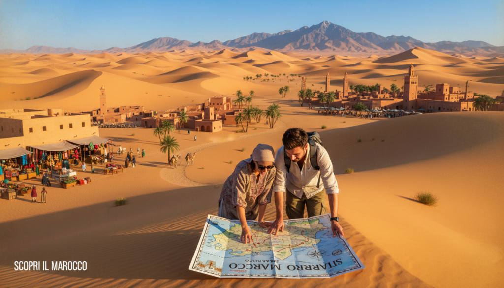 A beautiful travel itinerary depiction for Morocco, featuring a scenic landscape of the Sahara Desert with golden dunes under a bright blue sky. In the foreground, showcase a couple in modest, casual clothing examining a colorful map, symbolizing adventure and exploration. In the middle ground, include a winding path leading to iconic Moroccan cities with traditional architecture and vibrant markets. In the background, illustrate the majestic Atlas Mountains rising under warm sunlight. Use natural light to create a soft, inviting atmosphere, emphasizing the allure of Moroccan culture and travel. Capture the essence of wanderlust and discovery with a realistic, vibrant color palette. Alt text: Itinerari di viaggio in Marocco, paesaggio desertico.