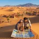 A beautiful travel itinerary depiction for Morocco, featuring a scenic landscape of the Sahara Desert with golden dunes under a bright blue sky. In the foreground, showcase a couple in modest, casual clothing examining a colorful map, symbolizing adventure and exploration. In the middle ground, include a winding path leading to iconic Moroccan cities with traditional architecture and vibrant markets. In the background, illustrate the majestic Atlas Mountains rising under warm sunlight. Use natural light to create a soft, inviting atmosphere, emphasizing the allure of Moroccan culture and travel. Capture the essence of wanderlust and discovery with a realistic, vibrant color palette. Alt text: Itinerari di viaggio in Marocco, paesaggio desertico.