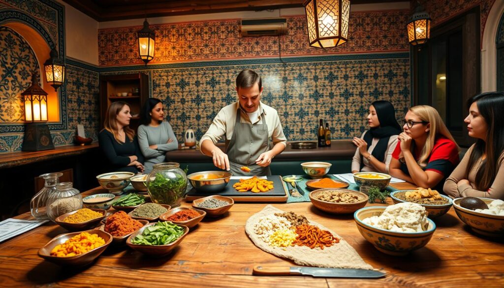 A cozy Moroccan cooking class in Fez, showcasing a colorful array of traditional spices and ingredients on a rustic wooden table in the foreground. In the middle, a skilled instructor, dressed in modest casual clothing, is demonstrating how to prepare a classic Fassi dish, while engaged students look on, participating actively. The background features ornate Moroccan tile work and softly lit lanterns, casting warm, inviting shadows that enhance the ambiance. The setting is lively yet intimate, capturing the essence of an authentic Moroccan culinary experience. The lighting is warm and natural, with a slight golden glow to evoke a welcoming atmosphere. The camera angle is slightly elevated, giving a panoramic view of the bustling class environment.