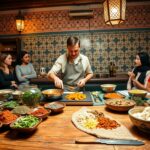A cozy Moroccan cooking class in Fez, showcasing a colorful array of traditional spices and ingredients on a rustic wooden table in the foreground. In the middle, a skilled instructor, dressed in modest casual clothing, is demonstrating how to prepare a classic Fassi dish, while engaged students look on, participating actively. The background features ornate Moroccan tile work and softly lit lanterns, casting warm, inviting shadows that enhance the ambiance. The setting is lively yet intimate, capturing the essence of an authentic Moroccan culinary experience. The lighting is warm and natural, with a slight golden glow to evoke a welcoming atmosphere. The camera angle is slightly elevated, giving a panoramic view of the bustling class environment.