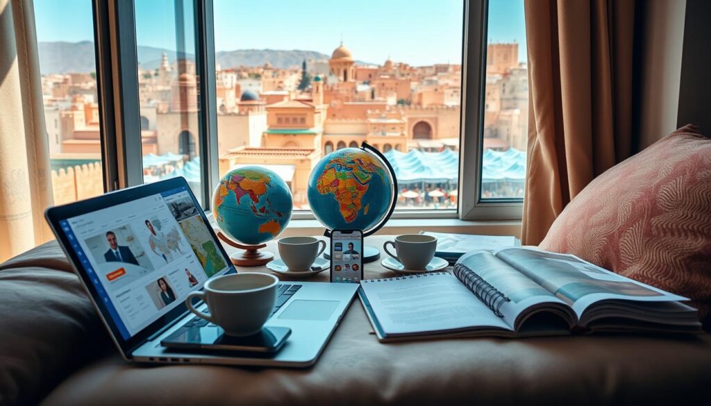 A cozy, modern workspace featuring digital planning tools for a trip to Fez, Morocco. In the foreground, a stylish laptop displays an interactive travel planner interface, surrounded by travel brochures and a smartphone with travel apps open. The middle layer includes a globe and a travel journal, symbolizing adventure and exploration, while a steaming cup of mint tea adds a cultural touch. In the background, through a window, the vibrant cityscape of Fez with its historic architecture and bustling markets can be seen against a clear blue sky. Soft, natural lighting fills the room, creating an inviting atmosphere. The lens captures a warm, immersive focal point on the planning elements, emphasizing the excitement of preparing for a Moroccan culinary journey.