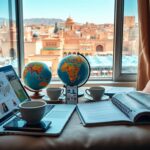 A cozy, modern workspace featuring digital planning tools for a trip to Fez, Morocco. In the foreground, a stylish laptop displays an interactive travel planner interface, surrounded by travel brochures and a smartphone with travel apps open. The middle layer includes a globe and a travel journal, symbolizing adventure and exploration, while a steaming cup of mint tea adds a cultural touch. In the background, through a window, the vibrant cityscape of Fez with its historic architecture and bustling markets can be seen against a clear blue sky. Soft, natural lighting fills the room, creating an inviting atmosphere. The lens captures a warm, immersive focal point on the planning elements, emphasizing the excitement of preparing for a Moroccan culinary journey.