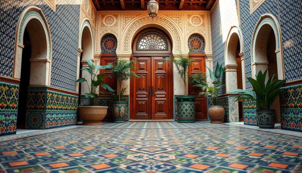A stunning close-up view of traditional Moroccan zellige mosaics, featuring intricate geometric patterns in rich colors like deep blues, vibrant greens, and earthy terracotta. The foreground showcases a beautifully tiled courtyard of a classic Riad in Fez, with a focus on the detailed craftsmanship of the zellige work. In the middle ground, elegant carved wooden doors and lush potted plants add to the ambiance, surrounded by traditional archways. The background reveals soft, diffused natural light filtering through, creating a warm and inviting atmosphere. The overall mood is one of authentic beauty and cultural richness, portraying the essence of Moroccan architecture and decoration.