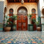 A stunning close-up view of traditional Moroccan zellige mosaics, featuring intricate geometric patterns in rich colors like deep blues, vibrant greens, and earthy terracotta. The foreground showcases a beautifully tiled courtyard of a classic Riad in Fez, with a focus on the detailed craftsmanship of the zellige work. In the middle ground, elegant carved wooden doors and lush potted plants add to the ambiance, surrounded by traditional archways. The background reveals soft, diffused natural light filtering through, creating a warm and inviting atmosphere. The overall mood is one of authentic beauty and cultural richness, portraying the essence of Moroccan architecture and decoration.
