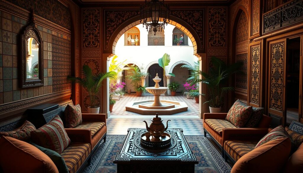 A traditional Moroccan riad interior in Fez, showcasing intricate tile work and ornate wooden carvings. In the foreground, a beautifully arranged sitting area with plush, vibrant cushions and a low, ornate coffee table adorned with traditional Moroccan tea set. The middle section features a lush courtyard with a central fountain, framed by lush greenery and colorful flowering plants. The background reveals tall arched windows allowing warm, soft sunlight to filter in, casting delicate shadows across the tiled floors. The mood is inviting and serene, evoking a sense of authentic Moroccan hospitality. Capture this scene in a warm color palette with soft-focus for depth and a slightly elevated angle to emphasize the architectural details.
