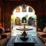 A traditional Moroccan riad interior in Fez, showcasing intricate tile work and ornate wooden carvings. In the foreground, a beautifully arranged sitting area with plush, vibrant cushions and a low, ornate coffee table adorned with traditional Moroccan tea set. The middle section features a lush courtyard with a central fountain, framed by lush greenery and colorful flowering plants. The background reveals tall arched windows allowing warm, soft sunlight to filter in, casting delicate shadows across the tiled floors. The mood is inviting and serene, evoking a sense of authentic Moroccan hospitality. Capture this scene in a warm color palette with soft-focus for depth and a slightly elevated angle to emphasize the architectural details.