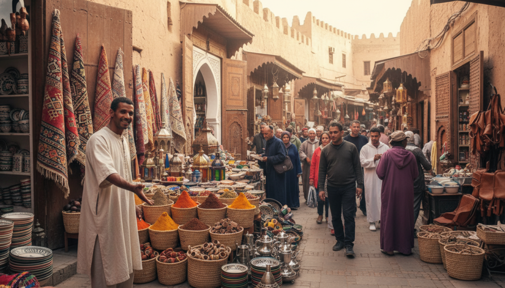 A vibrant Moroccan market scene showcasing a blend of colorful textiles, spices, and traditional crafts. In the foreground, a friendly local vendor in modest casual clothing gestures towards their wares, inviting visitors to explore. The middle ground features bustling shoppers, both locals and tourists, engaging with the lively atmosphere, surrounded by intricately designed pottery and lanterns. The background highlights the stunning architecture of a Moroccan medina with its high walls and ornate doorways, bathed in soft natural light. The image captures a sense of adventure and cultural richness, with warm golden tones enhancing the inviting, exotic allure of Morocco. Fotorealismo, luce naturale, persone autentiche. Mercato marocchino vivace e accogliente.