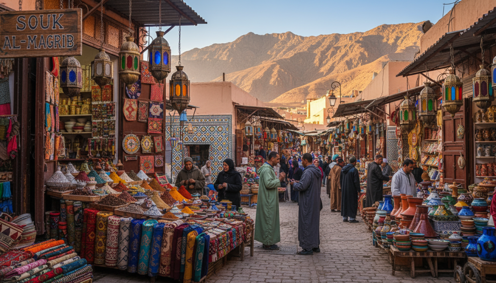A vibrant Moroccan street scene showcasing the unique atmosphere of Morocco. In the foreground, a bustling market stall filled with colorful textiles, spices, and traditional pottery, with people wearing modest casual clothing engaging in conversation. In the middle ground, a sunlit alley adorned with intricate tilework and vibrant hanging lanterns, casting playful shadows on the cobblestone path. The background features a stunning view of the Atlas Mountains, bathed in warm golden light, under a clear blue sky. Soft, natural lighting enhances the rich colors, creating an inviting and lively mood, perfect for capturing the essence of Moroccan culture and hospitality. Alt text: Mercato marocchino vivace con montagne sullo sfondo.