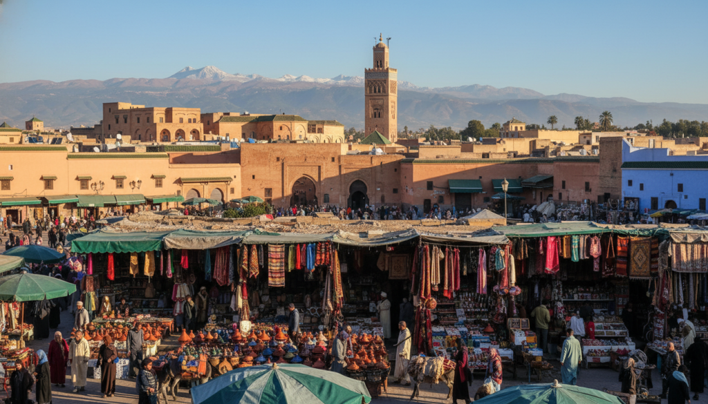 A vibrant scene depicting the imperial cities of Morocco, showcasing intricate architecture and historical landmarks. In the foreground, a bustling marketplace filled with authentic local artisans selling colorful textiles and pottery. The middle ground features majestic palaces and ancient mosques, highlighting detailed tilework and dramatic arches. In the background, the Atlas Mountains under a clear blue sky provide a stunning backdrop. The lighting is natural, casting soft shadows and highlighting the vibrant colors of the scene. People in modest casual clothing, engaged in cultural activities, enhance the lively atmosphere. The image conveys a sense of exploration, wonder, and cultural richness found in Morocco's most beloved cities. Alt text: Mercato vivace nelle città imperiali marocchine.