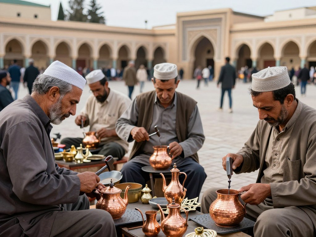 Artigiani che battono il rame nella Piazza Seffarine di Fes