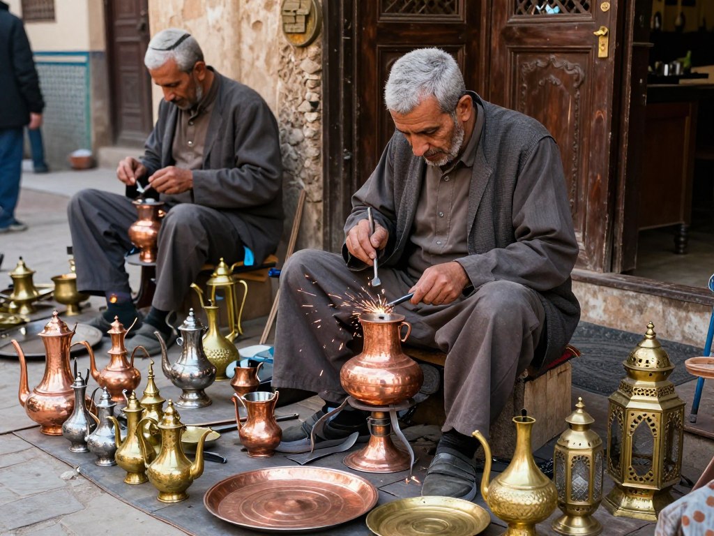 Artigiani che lavorano il rame e l'ottone nella Piazza Seffarine di Fes
