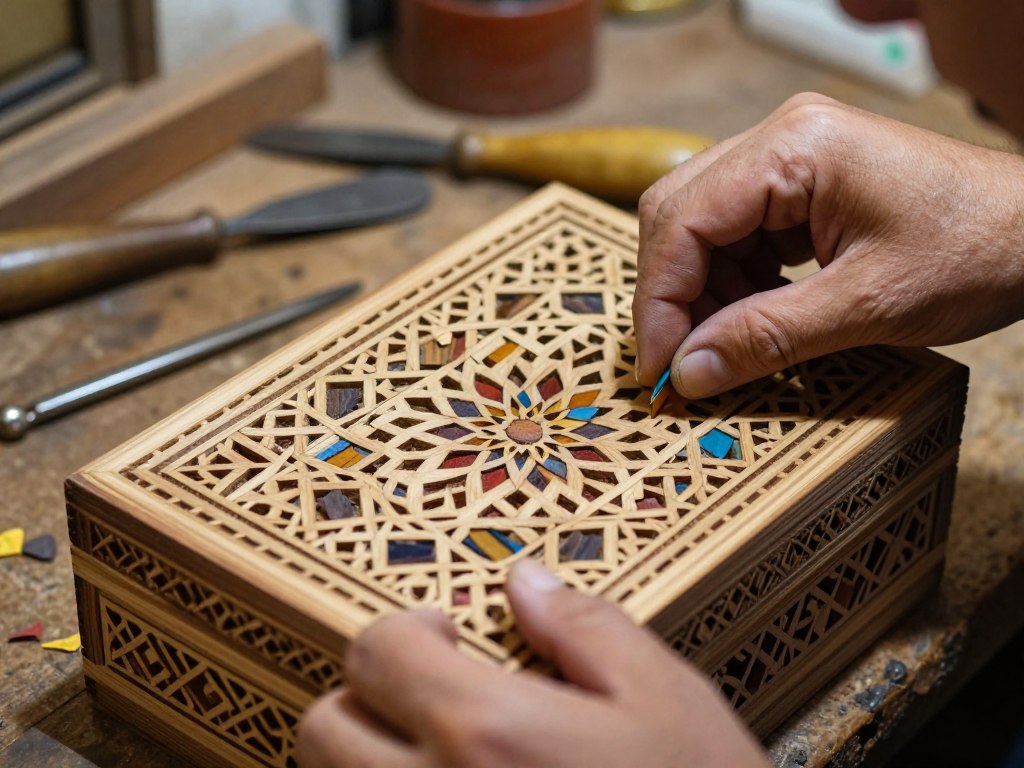 Artigiano che intarsia una scatola di legno di cedro al Souk Nejjarine