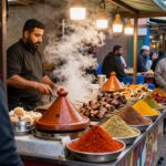 Bancarelle di street food a Marrakech con vari piatti tipici