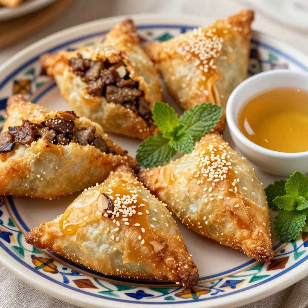 Briouat, triangoli di pasta fillo fritti ripieni di carne o mandorle e miele, street food di Fes