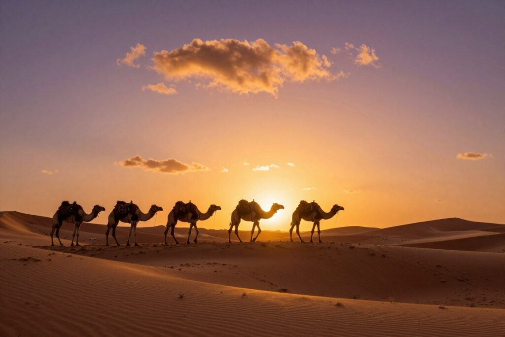Carovana di cammelli al tramonto nel deserto di Merzouga