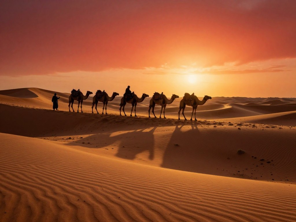 Carovana di cammelli al tramonto sulle dune dorate di Merzouga - Guida di Viaggio in Marocco