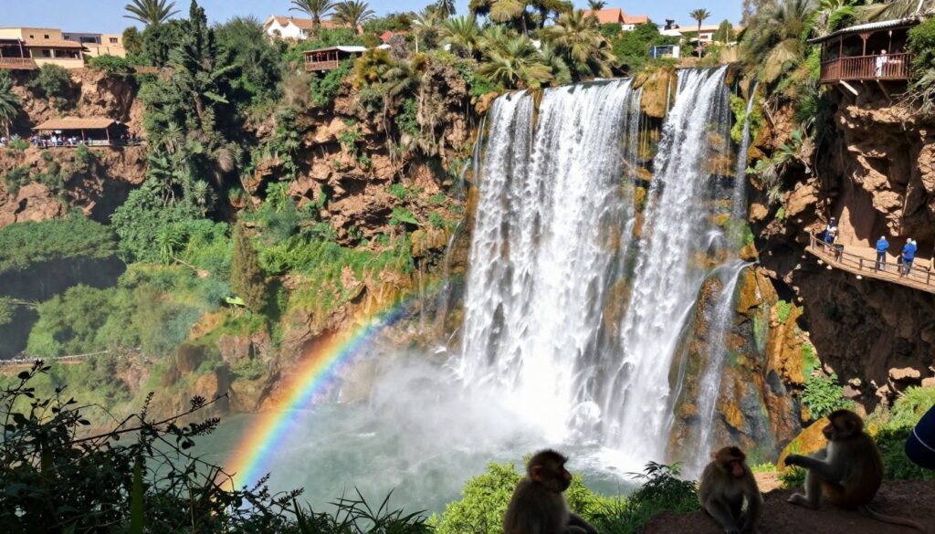 Cascate di Ouzoud con arcobaleno, una delle migliori gite di un giorno da marrakech