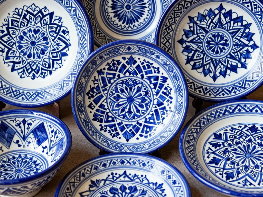 Ceramica blu di Fes con i caratteristici motivi geometrici e floreali